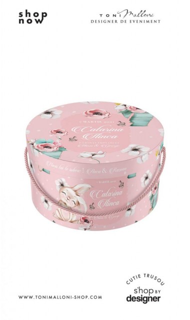Cutie trusou rotunda botez roz cu iepurasi flori si motive de primavara Spring  2